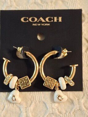 Coach Signature Enamel Heart Cube Charm Hoop Earrings